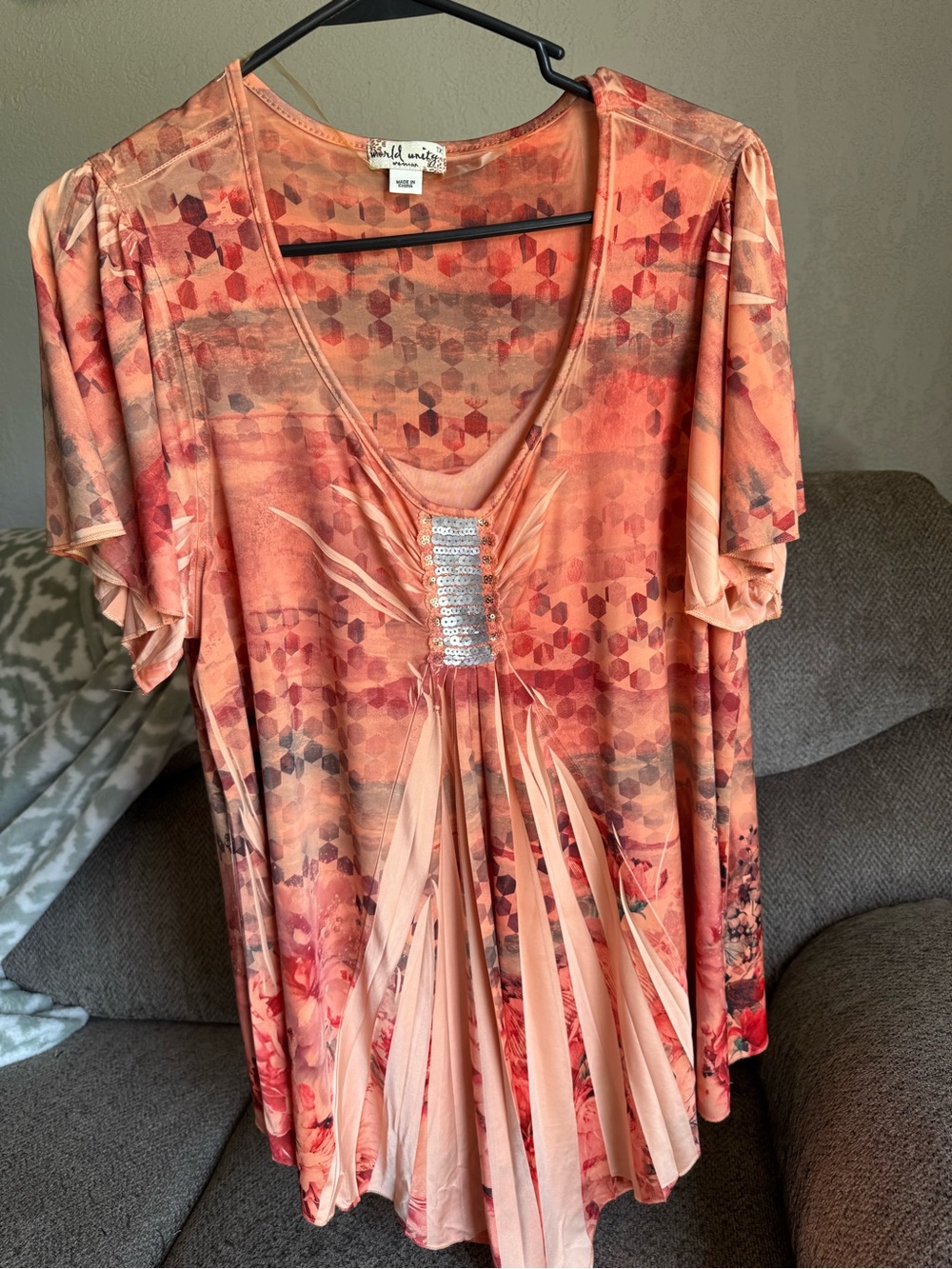 World Unity Peach Floral & Geo Print V-Neck Tunic with Sequin Accent